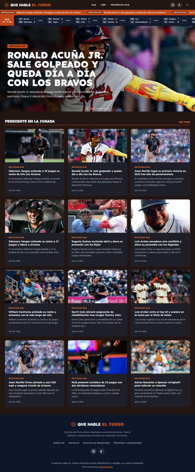 Que Hable El Juego: sitio web de noticias MLB desarrollado con WordPress, Python y React